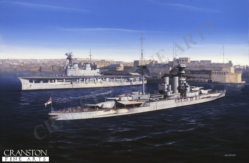 HMS Barham with HMS Eagle in Valetta Harbour in Malta during the 1930s by Ivan Berryman. (GS)