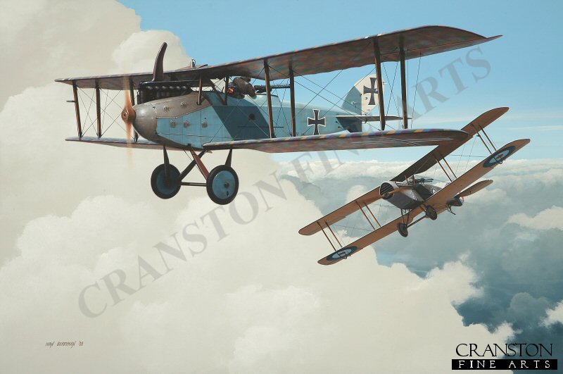 Sergeant John H Jones and pilot Captain W G Mostyn, Bristol F2b Fighter claiming a Luft-Verkehrs-Gesellschaft LVG by Ivan Berryman. (GS)