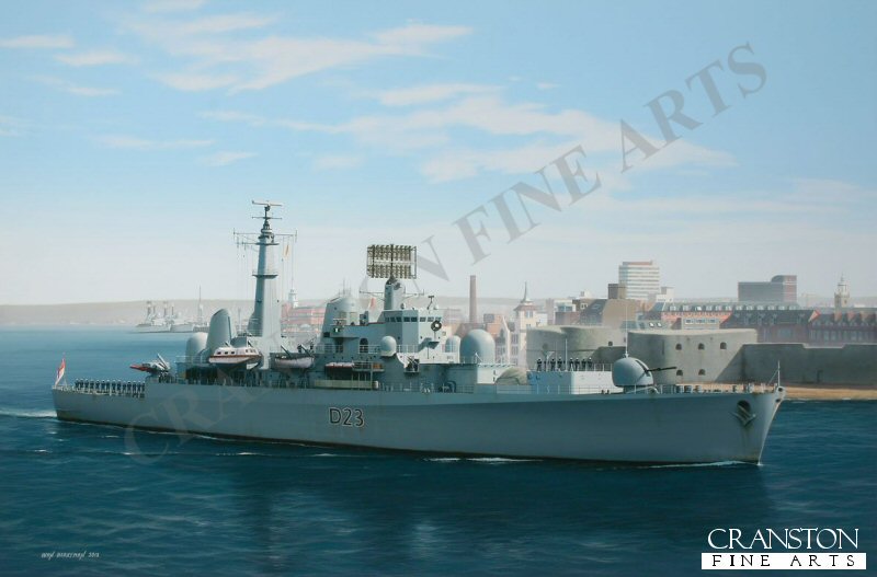 HMS Bristol departing Portsmouth by Ivan Berryman. (GS)