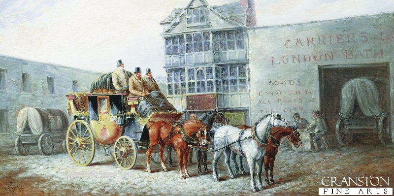 The Bristol Stagecoach Leaving the Fourteen Stars Tavern by John Charles Maggs. (GL)