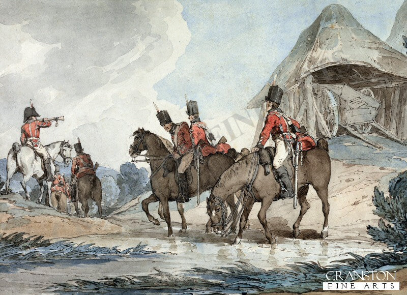 British Cavalry Passing Through A Stream, Mustered by a Trumpeter by John Augustus Atkinson (PC)