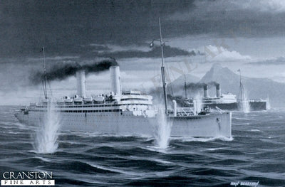 HMS Carmania sinking the German armed liner SS Cap Trafalgar off Ilha da Trindade, South Atlantic. 14th September 1914.  By Ivan Berryman.