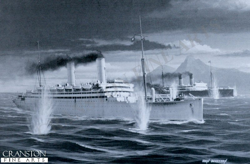 HMS Carmania sinking the German armed liner SS Cap Trafalgar off Ilha da Trindade, South Atlantic. 14th September 1914. By Ivan Berryman. (B)