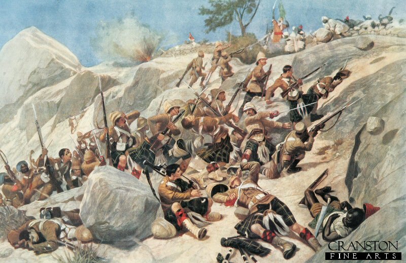 Storming of Dargai Heights by the 1st Gordon Highlanders. The Wounded Pipers Gallantry by Richard Caton Woodville.