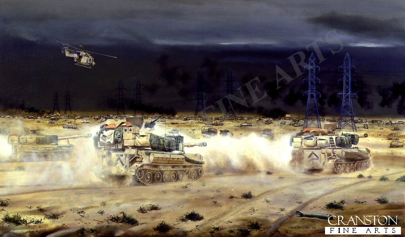 M109 Guns of the 40th Field Regiment Royal Artillery Approaching the Basra Road, Kuwait, 28th February 1991 by David Rowlands.