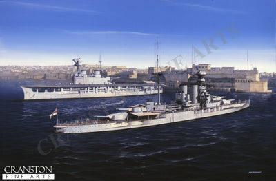 HMS Barham with HMS Eagle in Valetta Harbour in Malta during the 1930s by Ivan Berryman.
