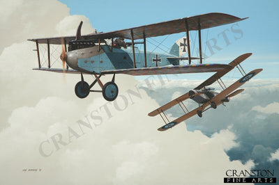 Sergeant John H Jones and pilot Captain W G Mostyn, Bristol F2b Fighter claiming a Luft-Verkehrs-Gesellschaft LVG by Ivan Berryman. (B)