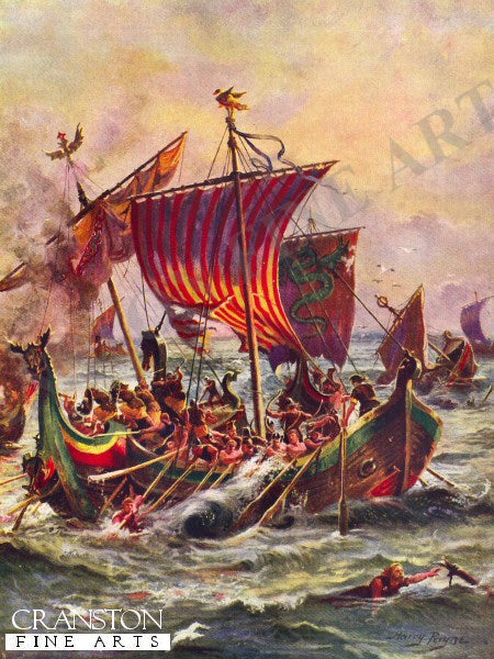 Alfreds Galleys Attacking the Viking Dragon Ships, 897 by Harry Payne. (B)