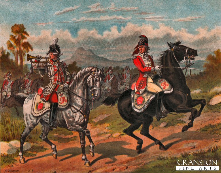 The 17th Light Dragoons (Now Lancers) on Service in America 1775 by Richard Simkin. (B)