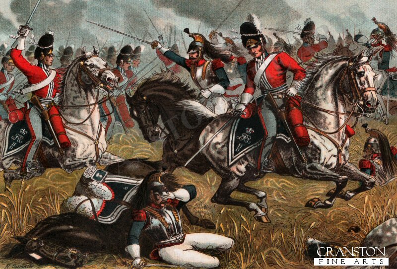 The 2nd Royal North British Dragoons (Scots Greys) at Waterloo 1815 by Richard Simkin.