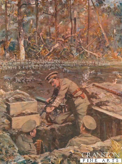 Lieut. Dimmer Repairing a Machine-Gun While Exposed to the Fire of the Advancing Prussian Guard by Allan Stewart (P)