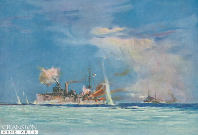 HMS Sydney commanded by Captain J C T Glossop, Attacking the German Cruiser Emden by Maurice Randall (P)