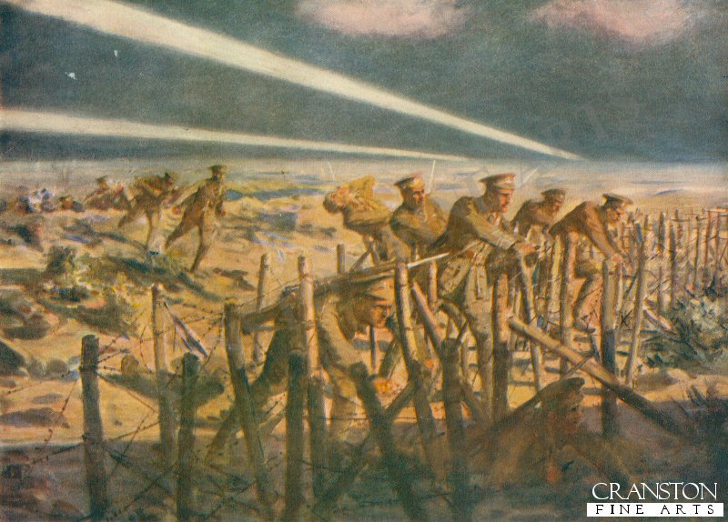 German Searchlights and Very Lights Exposing Temporary Second Lieutenant Armitage and His Party While Cutting the German Wire Entanglements  by Allan Stewart (P)