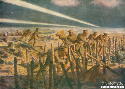 German Searchlights and Very Lights Exposing Temporary Second Lieutenant Armitage and His Party While Cutting the German Wire Entanglements  by Allan Stewart (P)