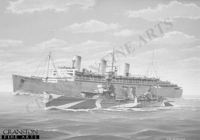 HMS Durban Escorts the Troopship RMS Queen Mary by Ivan Berryman. (P)