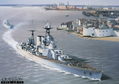 HMS Hood and HMS Express Departing from Portsmouth 1935 by Ivan Berryman. (PC)