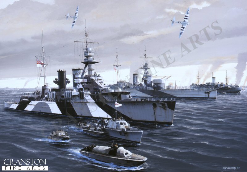 HMS Frobisher and HMS Roberts at Normandy by Ivan Berryman. (PC)