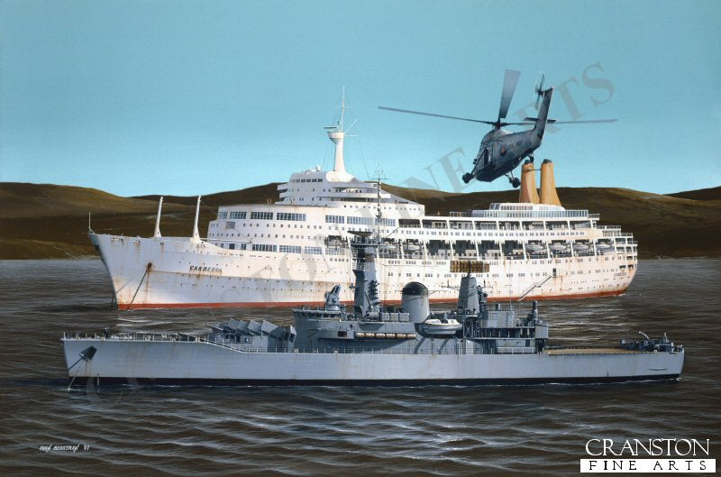 Canberra and HMS Argonaut by Ivan Berryman. (GS)