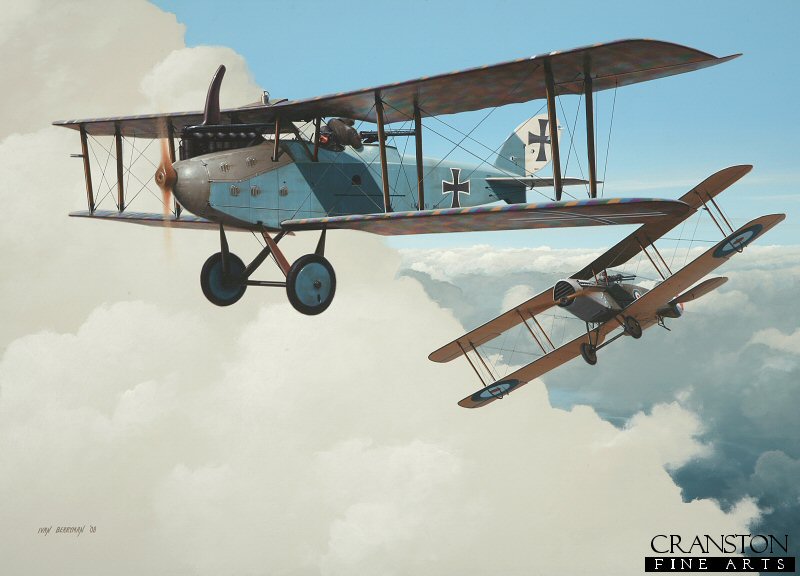 Sergeant John H Jones and pilot Captain W G Mostyn, Bristol F2b Fighter claiming a Luft-Verkehrs-Gesellschaft LVG by Ivan Berryman. (PC)