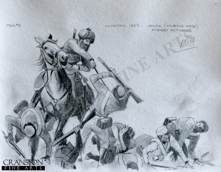Sowar of Probyns Horse Engages Mutineers at Lucknow, 1857 by Mark Churms. (P)