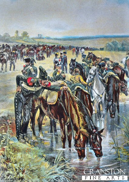 Colonel Castex Feeds The Horses Before A Charge by Henri Dupray