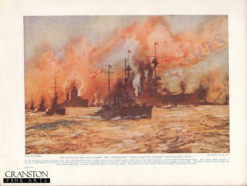 The Battle of The Dogger Bank, The Indomitable towing The Lion by Charles Dixon. (P)