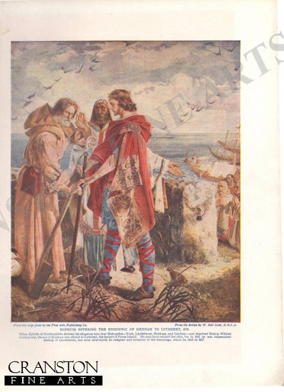 Egfrith Offering The Bishopric of Hexham to Cuthbert, 678 by W. Bell Scott. (P)