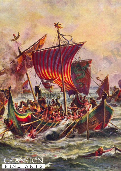 Alfreds Galleys Attacking the Viking Dragon Ships, 897 by Harry Payne. (B)
