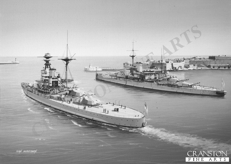 HMS Royal Sovereign and HMS Warspite departing Malta by Ivan Berryman. (C)