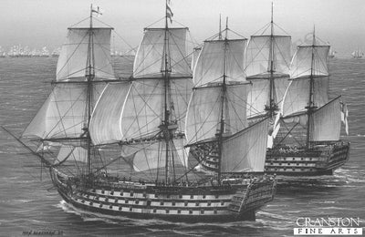 Captain Harveys HMS Temeraire tries to pass HMS Victory at the beginning of the Battle of Trafalgar by Ivan Berryman. (B)