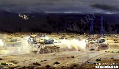 M109 Guns of the 40th Field Regiment Royal Artillery Approaching the Basra Road, Kuwait, 28th February 1991 by David Rowlands.