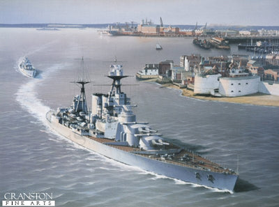 HMS Hood and HMS Express Departing from Portsmouth 1935 by Ivan Berryman