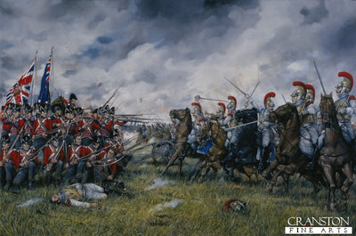 Charge of the 2nd Carabiniers against the Square of the 23rd (Royal Welsh Fusiliers) at the Battle of Waterloo by Brian Palmer.