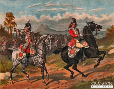 The 17th Light Dragoons (Now Lancers) on Service in America 1775 by Richard Simkin. (B)