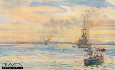 A Light Cruiser off Scapa Pier by W L Wyllie.