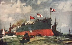 The Launch of the London at Portsmouth by Charles Dixon. [print]