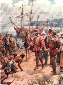 Sir Walter Raleigh Landing in Virginia by Howard Davie [Antique]