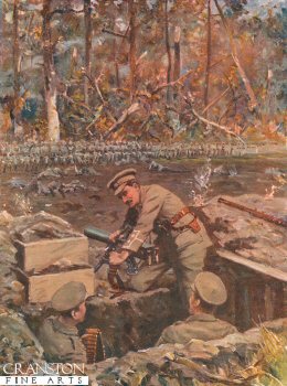 Lieut. Dimmer Repairing a Machine-Gun While Exposed to the Fire of the Advancing Prussian Guard by Allan Stewart [Antique]