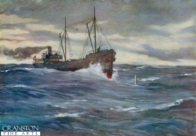 The Collier Thordis About to Ram a German Submarine by Allan Stewart [Antique]