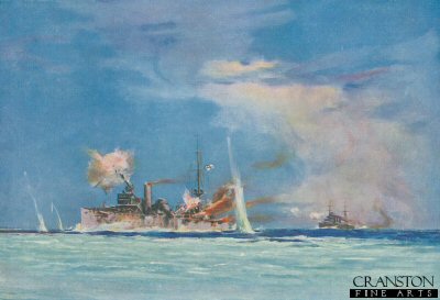 HMS Sydney commanded by Captain J C T Glossop, Attacking the German Cruiser Emden by Maurice Randall [Antique]