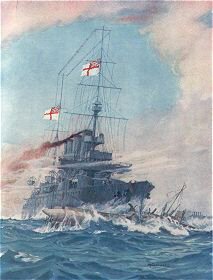HMS Birmingham Commanded by Captain Arthur Duff, Ramming the German Submarine U15 on August 9th 1914 by M G Swanwick [Antique]