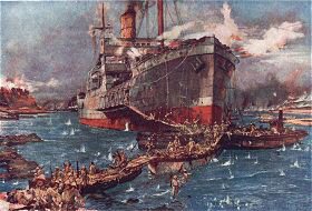 Landing troops From the River Clyde at V Beach Gallipoli Peninsula by Charles Dixon RA.