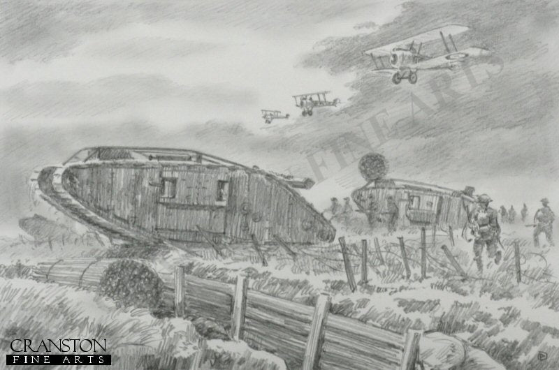 Original Pencil Sketch for Battle of Cambrai, France, 20th November 1917 by David Pentland. [Original Drawing]