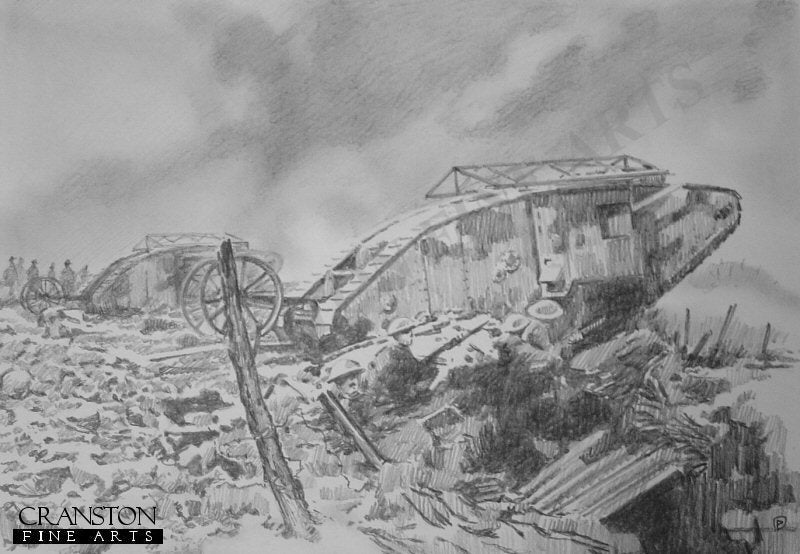 Original Pencil Sketch for Assault on Courcellette, The Somme, 15th September 1916 by David Pentland. [Original Drawing]