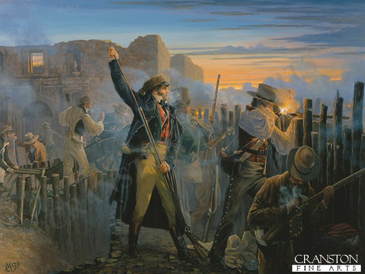 Crockett's Last Sunrise, at the Battle of the Alamo by Mark Churms. [Postcard]