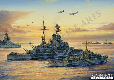 HMS Ramillies and HMS Warspite at Normandy by Anthony Saunders. [Postcard]