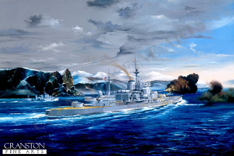 HMS Warspite, Shooting from the Hip by Randall Wilson. [Postcard]