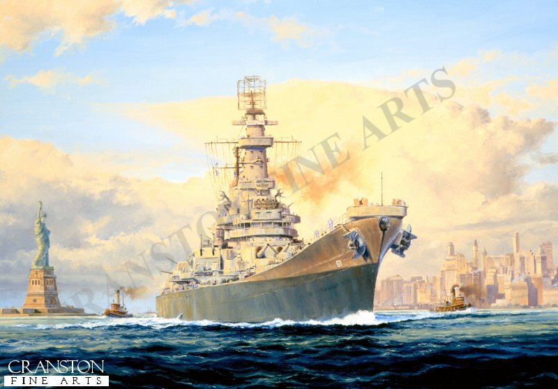 USS Iowa leaving New York by Anthony Saunders. [Postcard]