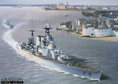 HMS Hood and HMS Express Departing from Portsmouth 1935 by Ivan Berryman. [Postcard]