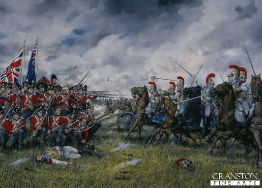 Charge of the 2nd Carabiniers against the Square of the 23rd (Royal Welsh Fusiliers) at the Battle of Waterloo by Brian Palmer. [Postcard]